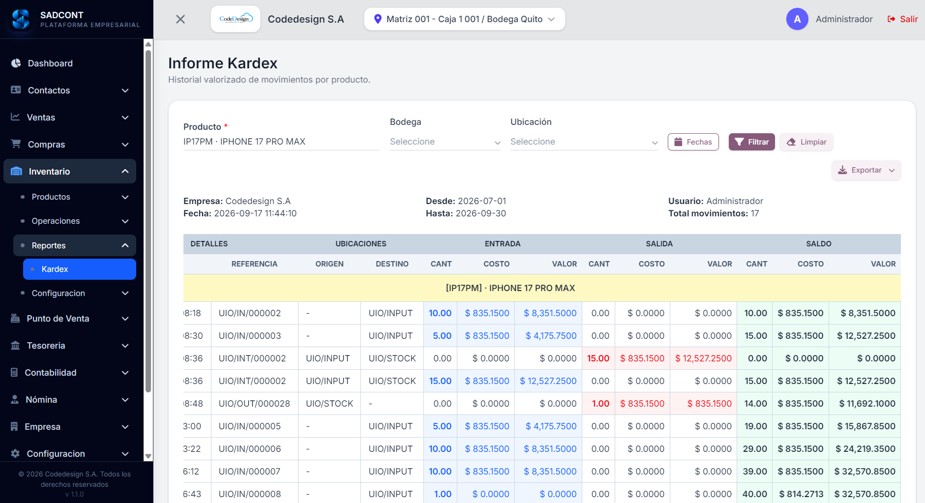 Kardex valorizado real de SADCONT